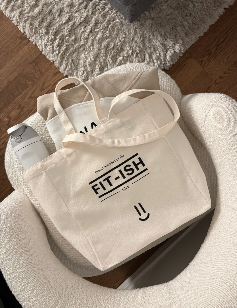 Canvas tote bag with double handle and 'FIT-ISH' text with smiley print