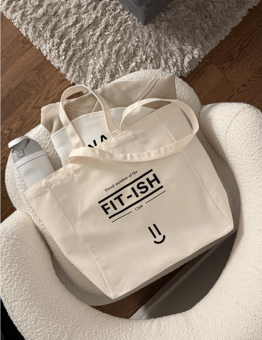 Canvas tote bag with double handle and 'FIT-ISH' text with smiley print